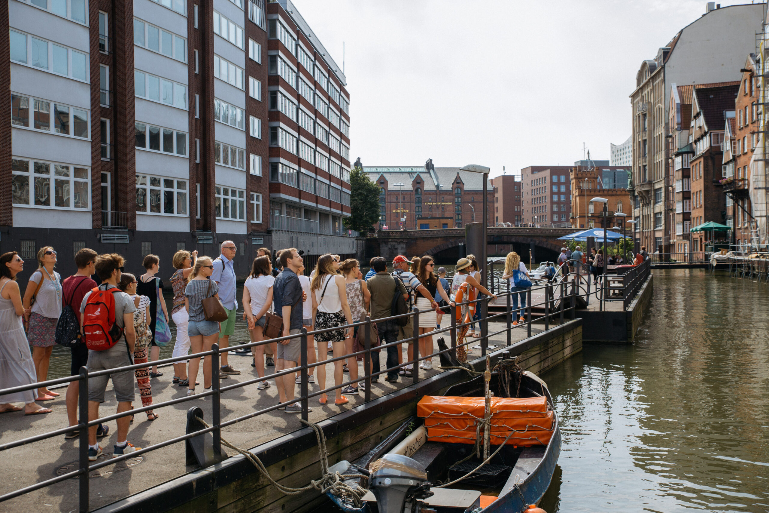 tourists on a free walking tour in Hamburg, Germany